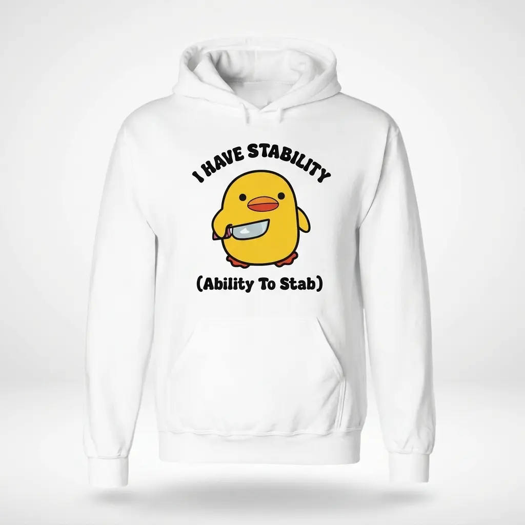 Funny I Have Stability Chick Graphic T-Shirt 2 Front flat lay of a hoodie featuring the funny 'I Have Stability' chick holding a knife graphic print.