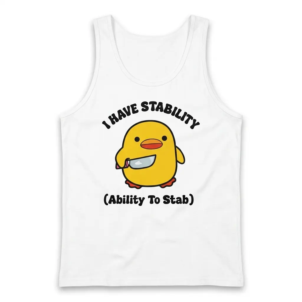 Funny I Have Stability Chick Graphic T-Shirt 3 Flat lay front view of a tank top printed with the humorous yellow chick with a knife and 'I Have Stability (Ability To Stab)' text.
