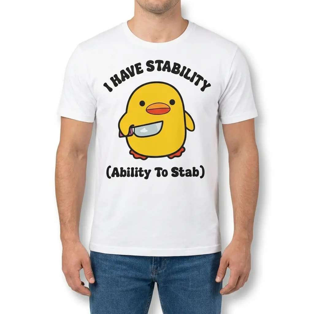 Funny I Have Stability Chick Graphic T-Shirt 4 Front view of a man wearing the I Have Stability shirt featuring a cute cartoon chick holding a knife graphic.