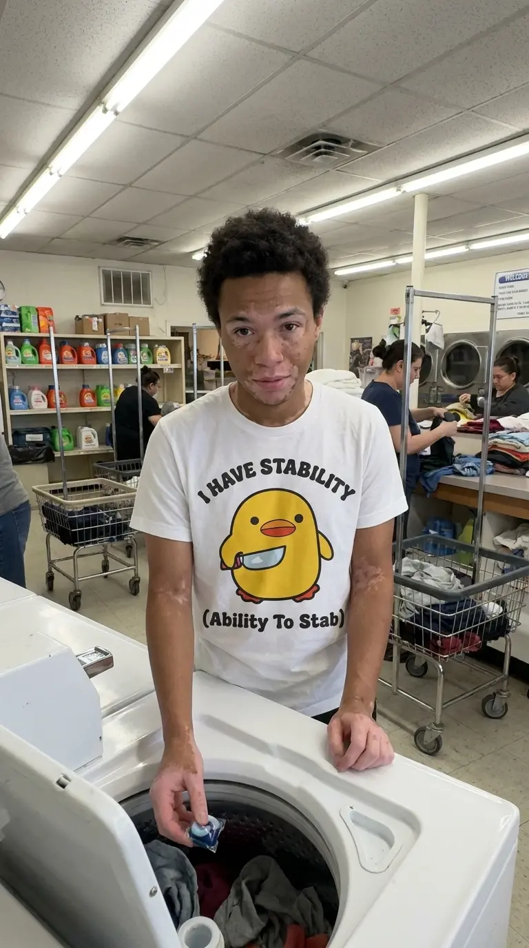 Funny I Have Stability Chick Graphic T-Shirt 5 Lifestyle view showing the humorous I Have Stability shirt featuring a cute chick holding a knife graphic.