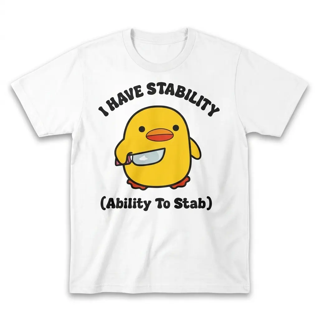 Funny I Have Stability Chick Graphic T-Shirt 1 Flat lay of a white t-shirt with a funny graphic of a cute yellow chick holding a knife and text reading 'I Have Stability (Ability To Stab)'.