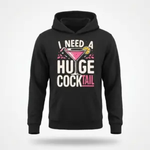 Funny I Need A Huge Cocktail Graphic T-Shirt 7 Flat lay of a hoodie printed with the 'I Need A Huge Cocktail' text and pink martini glass graphic.