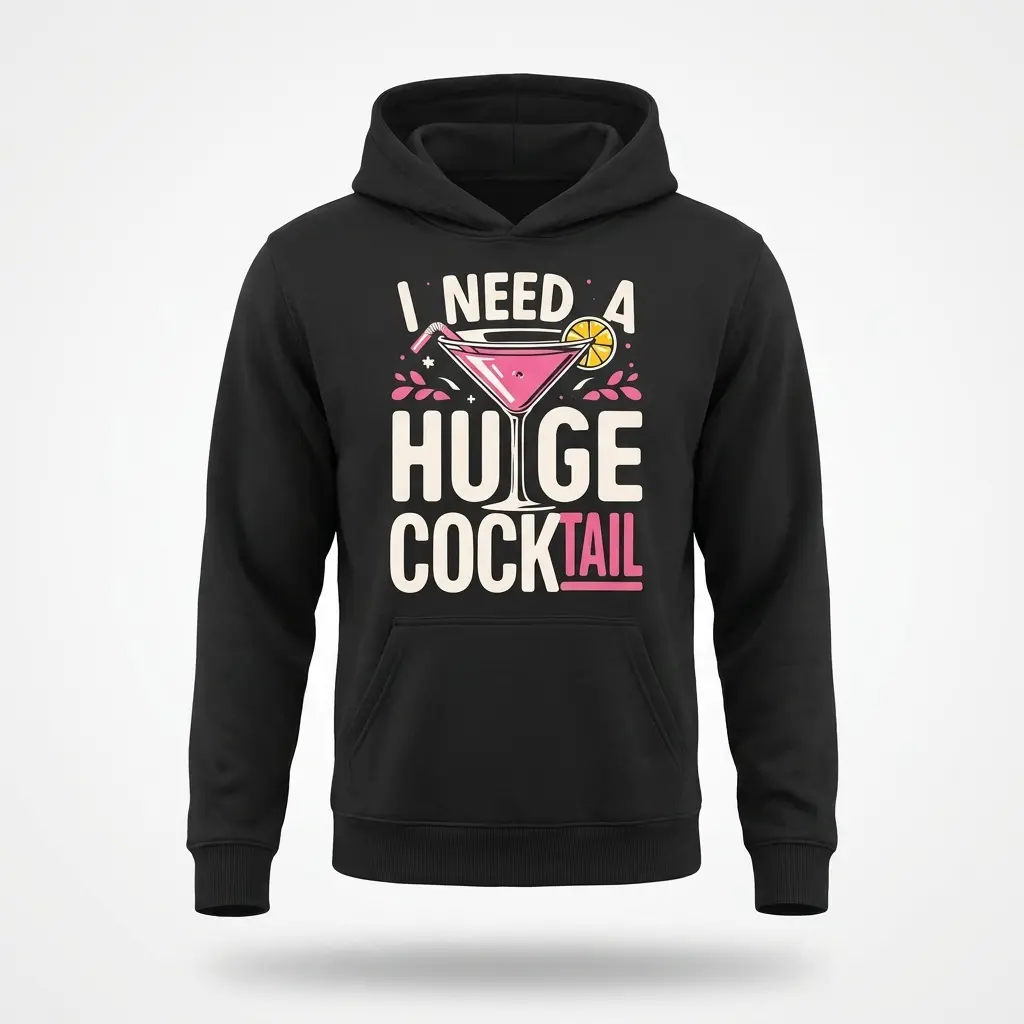 Funny I Need A Huge Cocktail Graphic T-Shirt 2 Flat lay of a hoodie printed with the 'I Need A Huge Cocktail' text and pink martini glass graphic.
