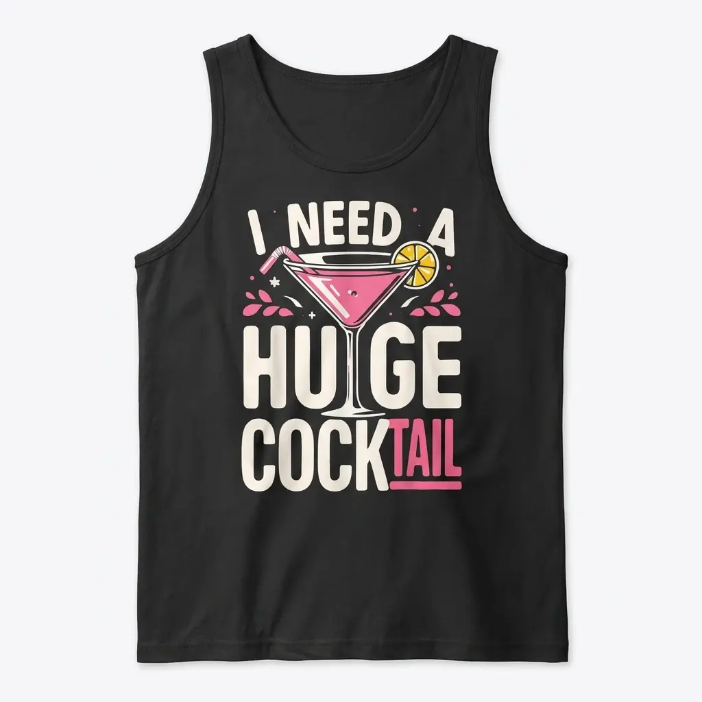 Funny I Need A Huge Cocktail Graphic T-Shirt 3 Flat lay of a tank top displaying the funny 'I Need A Huge Cocktail' graphic with a cocktail glass.