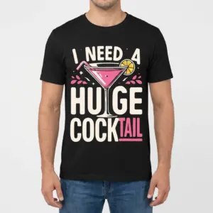 Funny I Need A Huge Cocktail Graphic T-Shirt 9 Front view of a male model wearing the black 'I Need A Huge Cocktail' graphic t-shirt.