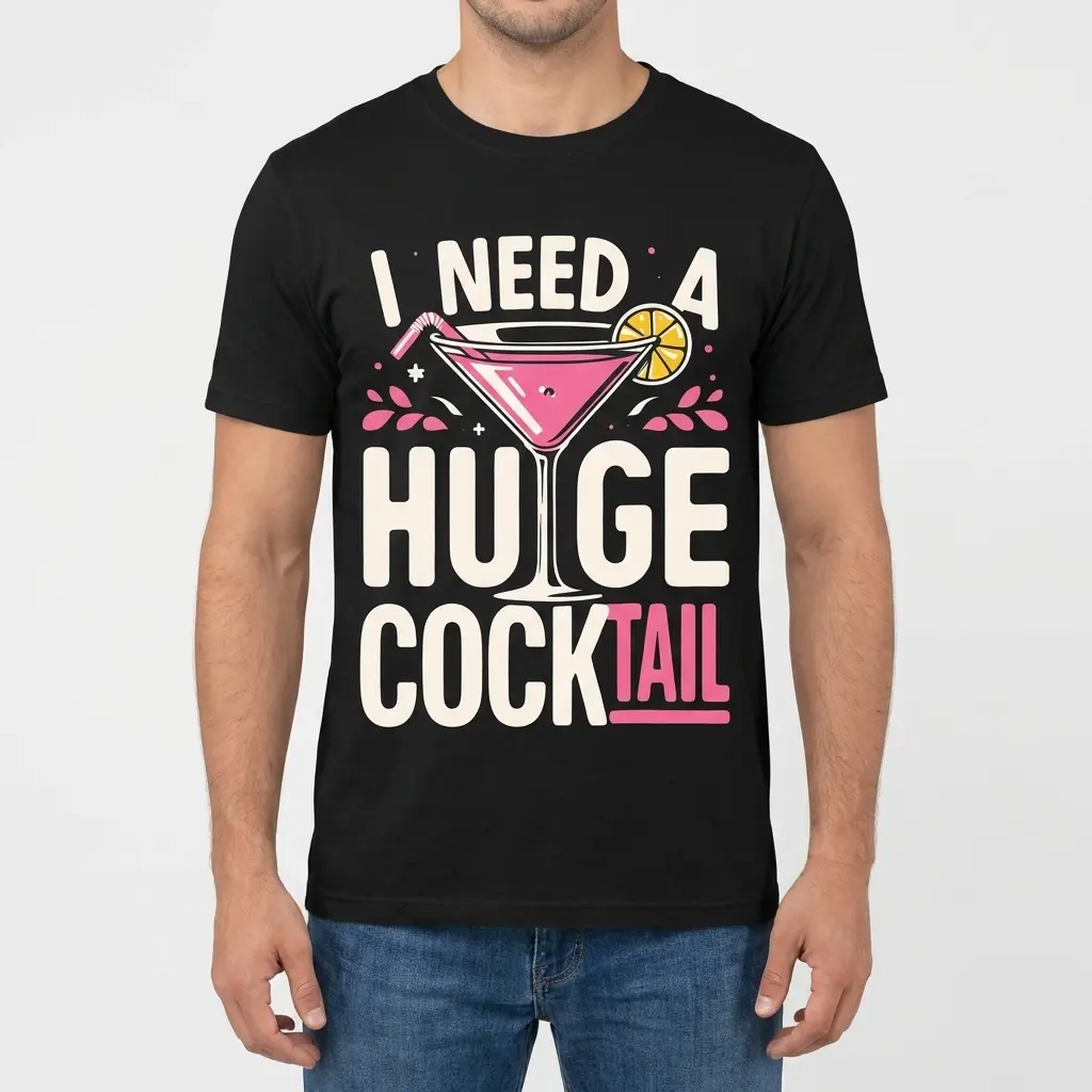 Funny I Need A Huge Cocktail Graphic T-Shirt 4 Front view of a male model wearing the black 'I Need A Huge Cocktail' graphic t-shirt.
