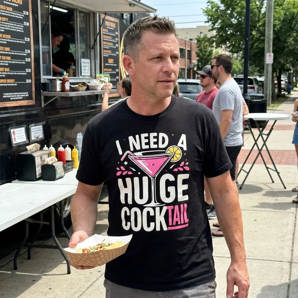 Funny I Need A Huge Cocktail Graphic T-Shirt 6 Lifestyle setting showcasing the humorous 'I Need A Huge Cocktail' graphic apparel.