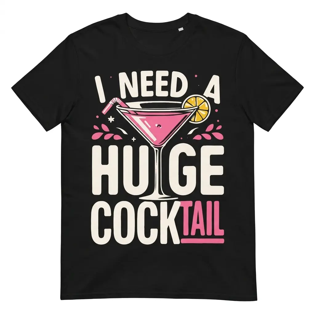 Funny I Need A Huge Cocktail Graphic T-Shirt 1 Flat lay view of a t-shirt featuring an 'I Need A Huge Cocktail' graphic with a pink drink illustration.