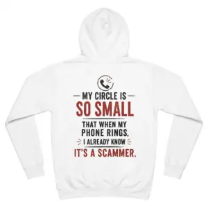 Funny Introvert My Circle Is So Small T-Shirt 7 Back flat lay of a hoodie featuring the humorous 'My circle is so small' text graphic with a ringing phone icon.