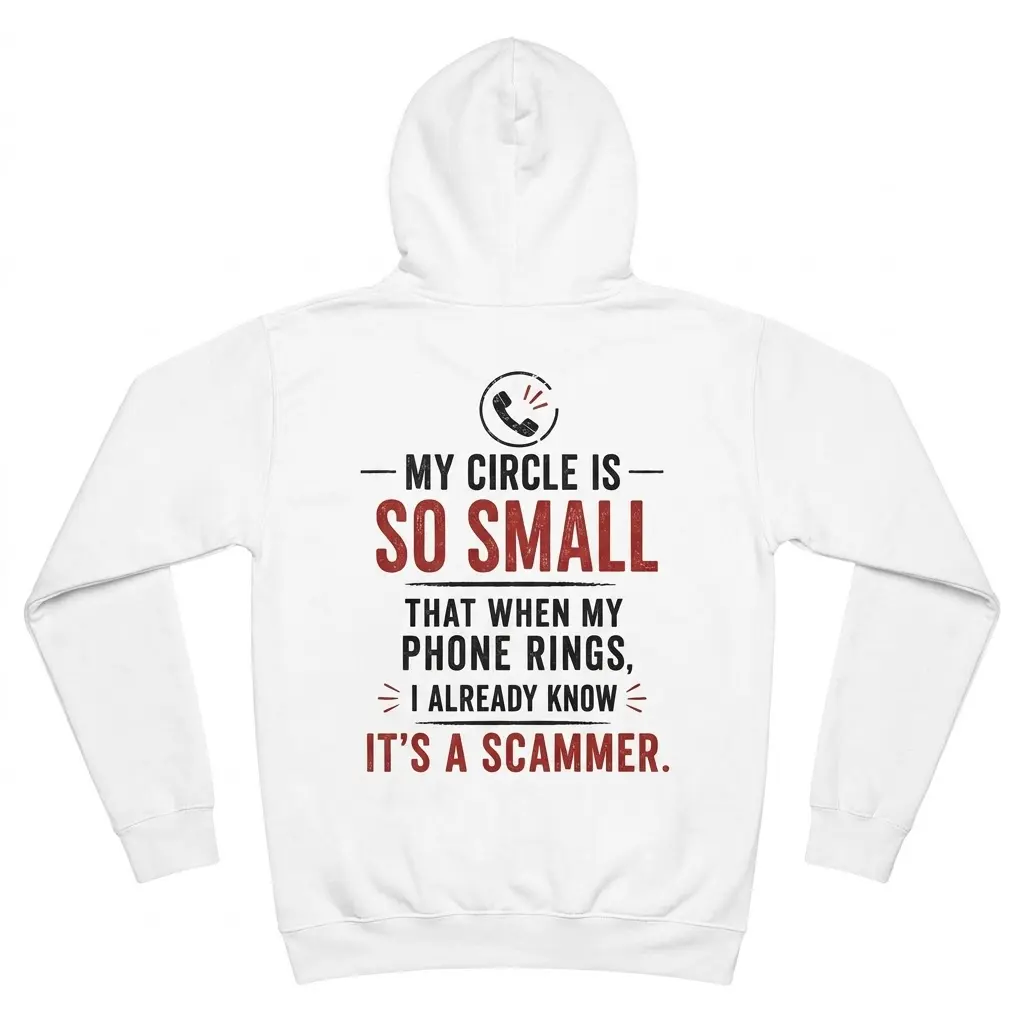 Funny Introvert My Circle Is So Small T-Shirt 2 Back flat lay of a hoodie featuring the humorous 'My circle is so small' text graphic with a ringing phone icon.