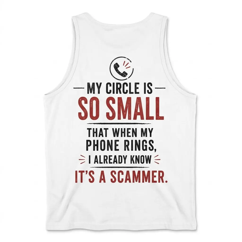 Funny Introvert My Circle Is So Small T-Shirt 3 Back flat lay view of a tank top printed with the funny introvert phone scammer graphic.