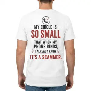 Funny Introvert My Circle Is So Small T-Shirt 9 Rear view of a man wearing the white funny introvert t-shirt with red and black humorous text.