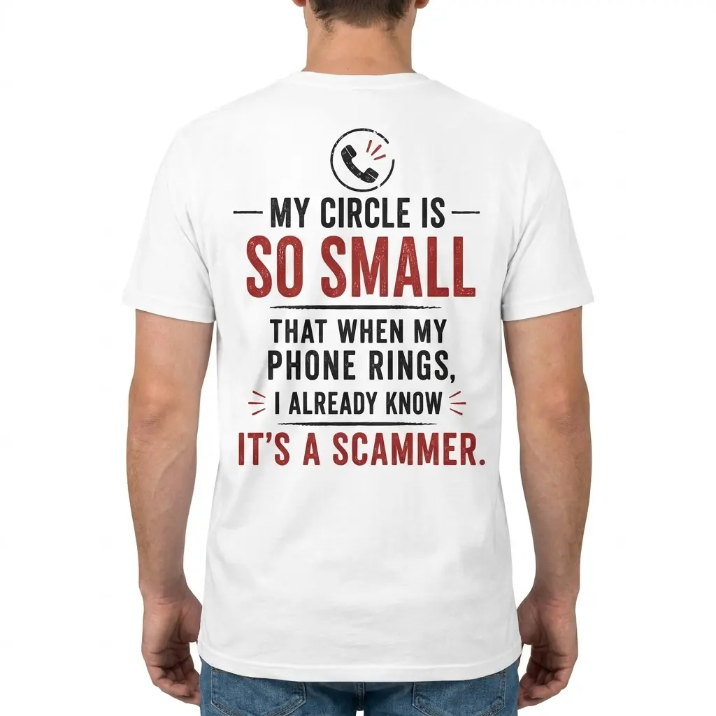 Funny Introvert My Circle Is So Small T-Shirt 4 Rear view of a man wearing the white funny introvert t-shirt with red and black humorous text.