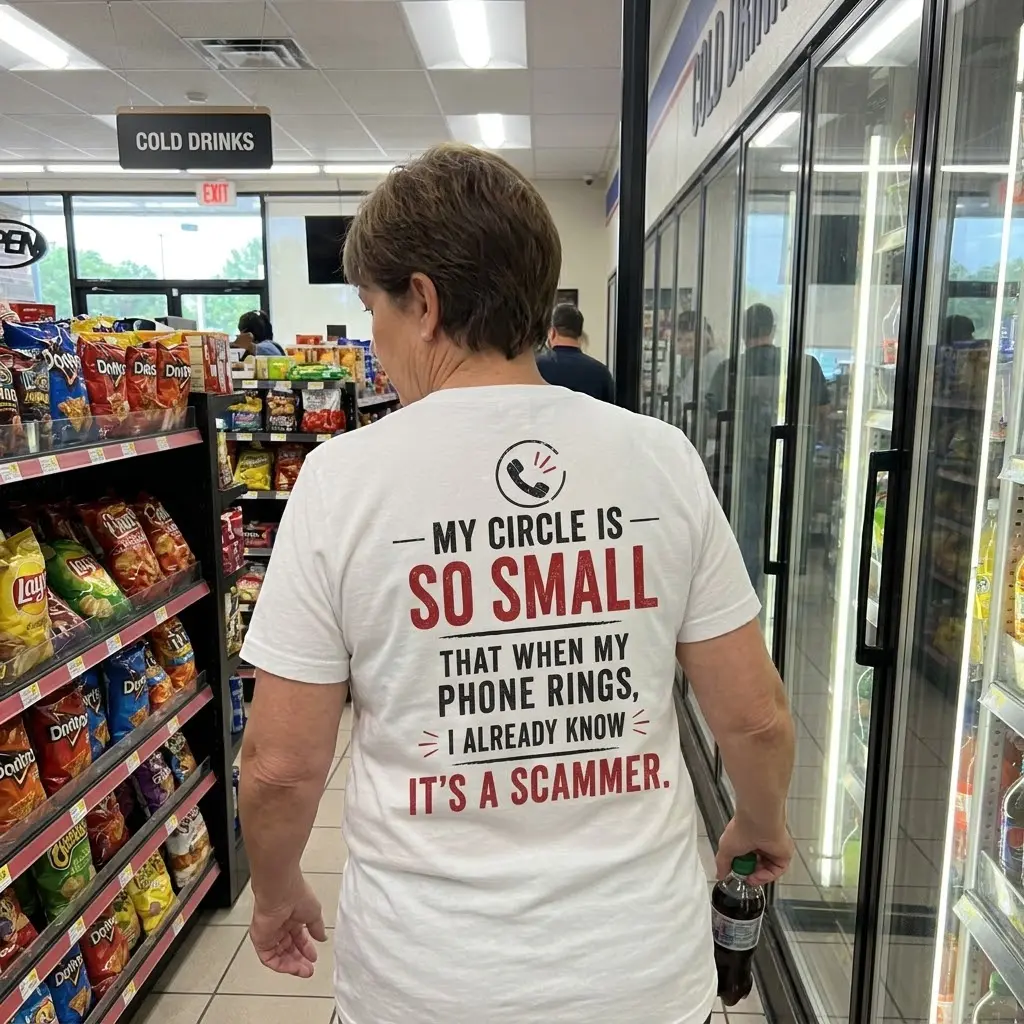Funny Introvert My Circle Is So Small T-Shirt 6 Casual lifestyle setting showcasing the back print of the funny introvert scammer joke shirt.