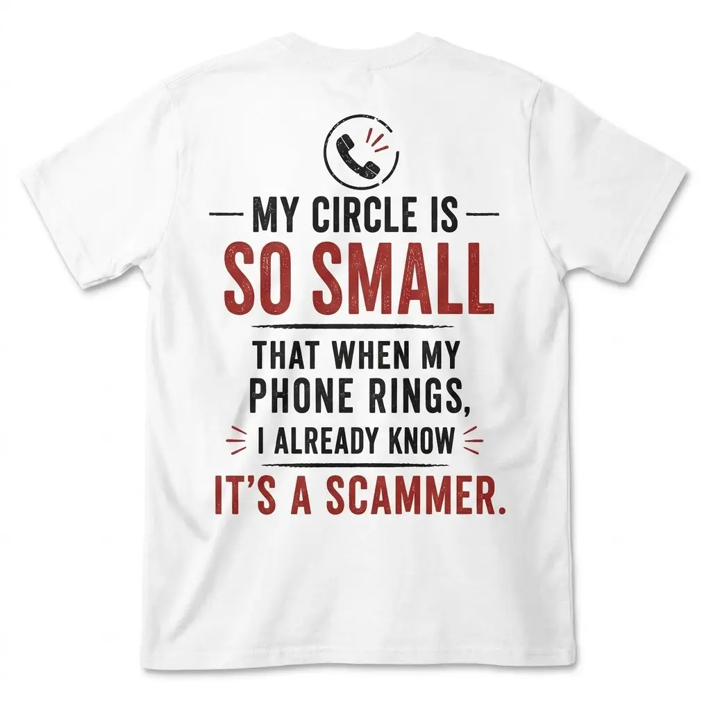 Funny Introvert My Circle Is So Small T-Shirt 1 Back flat lay of a white funny introvert t-shirt reading 'My Circle Is So Small That When My Phone Rings, I Already Know It's A Scammer.