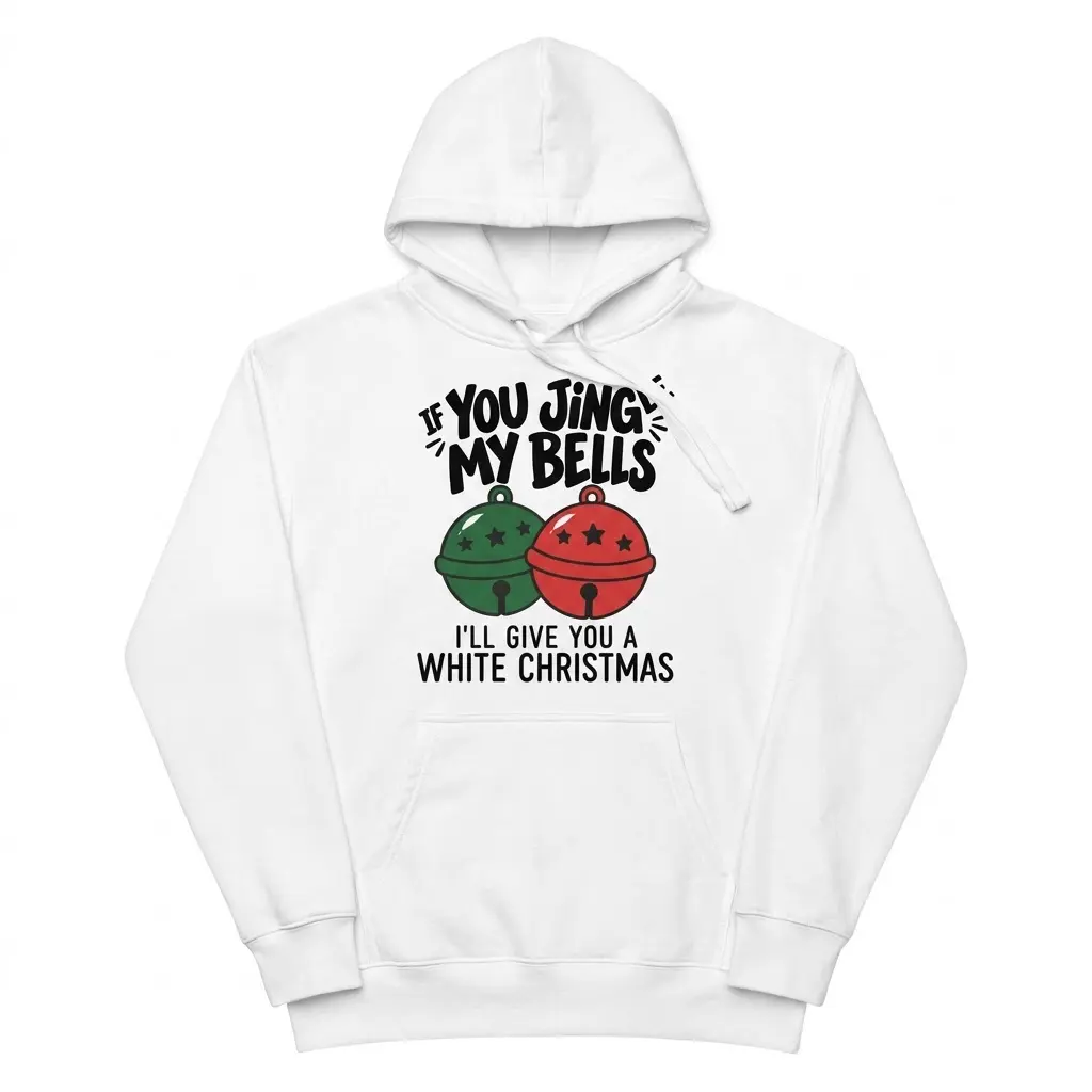 Funny Jingle My Bells Christmas T-Shirt 2 Front flat lay of a hoodie with the funny Christmas design “If You Jingle My Bells” and colorful bell graphics.