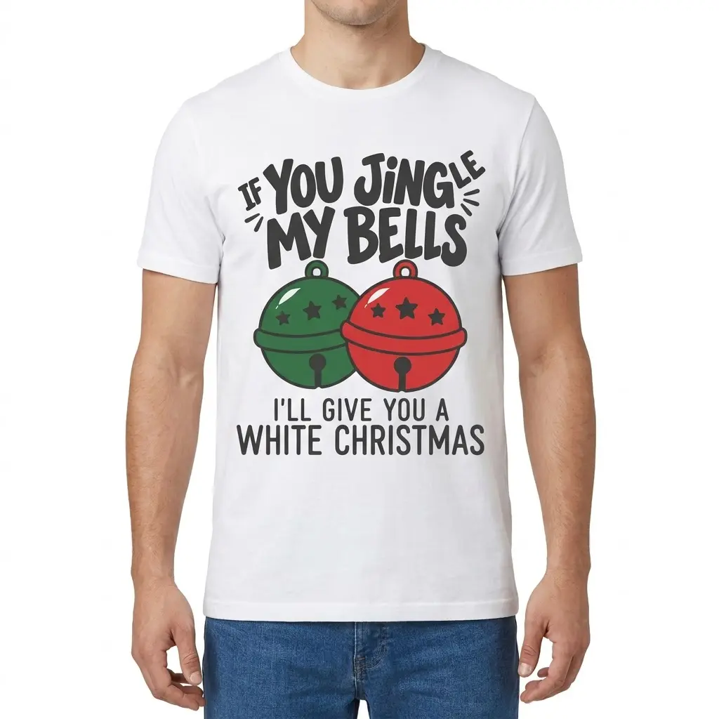 Funny Jingle My Bells Christmas T-Shirt 4 Front view of a man wearing the funny Christmas shirt with “If You Jingle My Bells” and two festive bells.