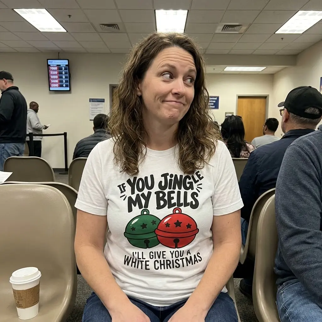 Funny Jingle My Bells Christmas T-Shirt 5 Lifestyle view featuring the funny Christmas shirt with a playful jingle bells graphic and holiday wording.