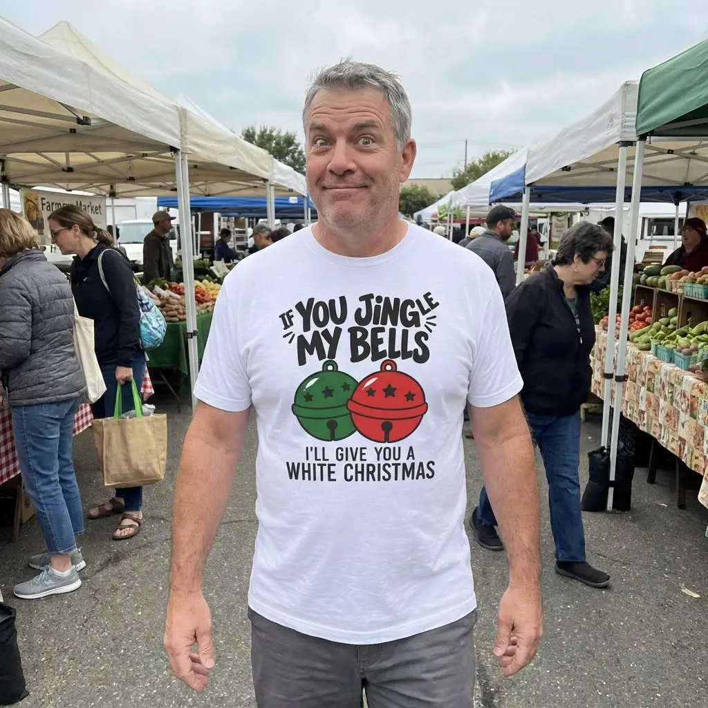Funny Jingle My Bells Christmas T-Shirt 6 Lifestyle view of the Christmas T-shirt design showing “I’ll Give You a White Christmas” beneath two bells.