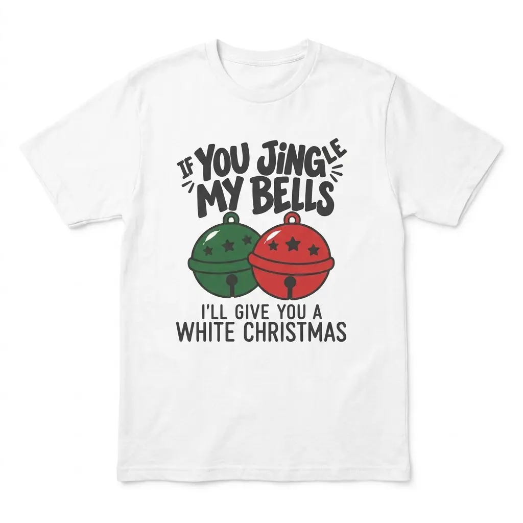 Funny Jingle My Bells Christmas T-Shirt 1 Front flat lay of a T-shirt featuring “If You Jingle My Bells” above green and red bells and “I’ll Give You a White Christmas.”