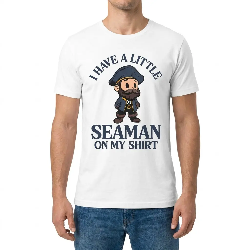 Man modeling the front of a shirt with a cartoon sailor and little seaman text design