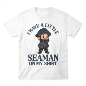 Front flat lay of a T-shirt with a cartoon sailor and the phrase I have a little seaman on my shirt