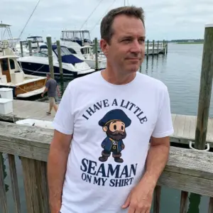 Funny Little Seaman On My Shirt T-Shirt 10 Lifestyle view showing the little seaman shirt design with cartoon sailor artwork