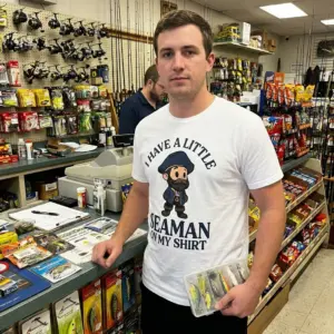 Funny Little Seaman On My Shirt T-Shirt 11 Lifestyle view of the funny little seaman shirt graphic with bold sailor-themed text