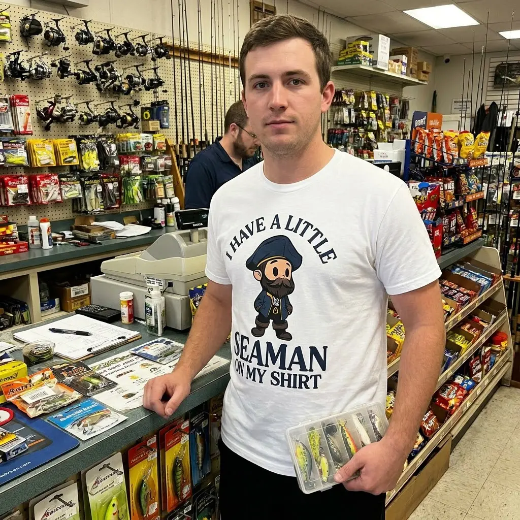 Lifestyle view of the funny little seaman shirt graphic with bold sailor-themed text