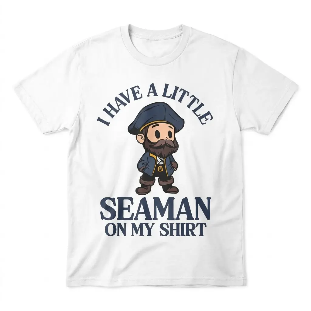 Front flat lay of a T-shirt with a cartoon sailor and the phrase I have a little seaman on my shirt