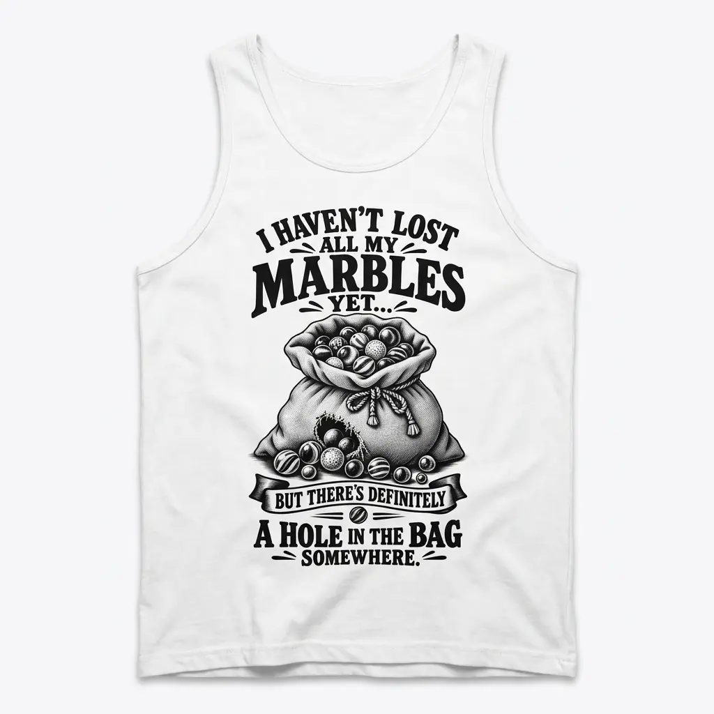Front view flat lay of a tank top with the humorous leaking marble bag design.