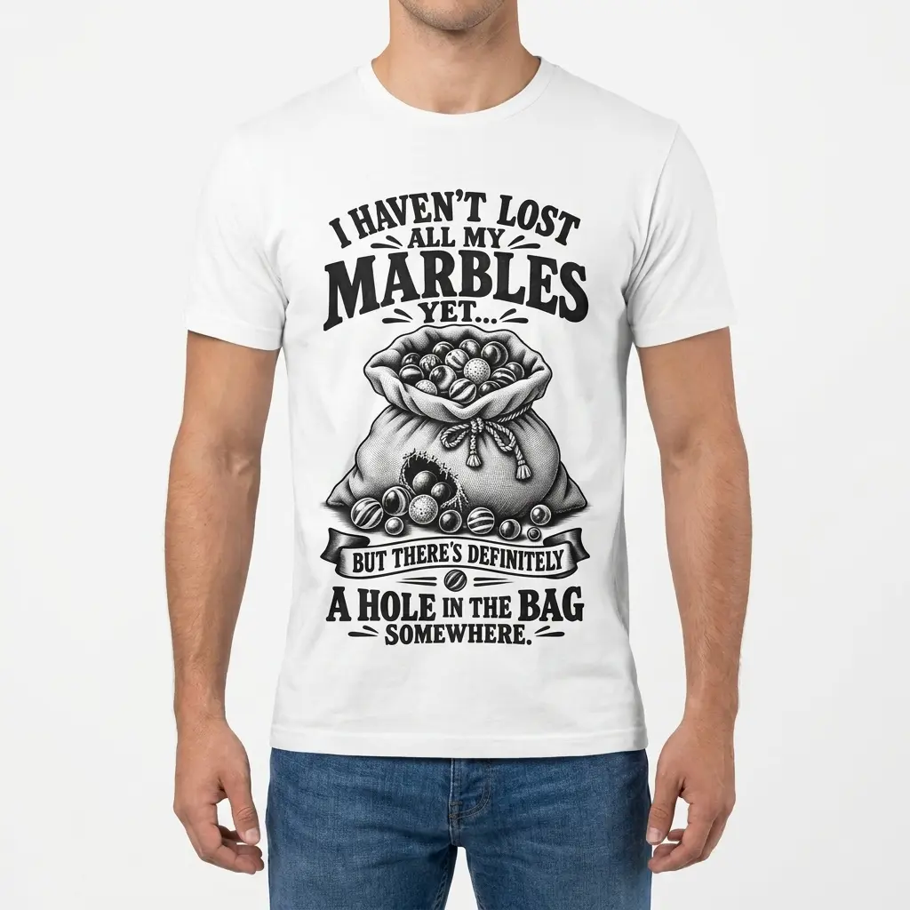 Man wearing the white graphic t-shirt with the funny marbles in a torn bag print.