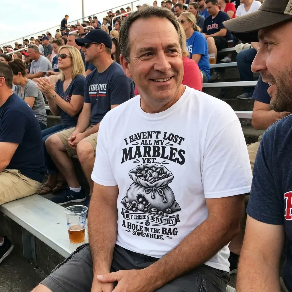 Lifestyle view of the funny lost all my marbles shirt in everyday wear.