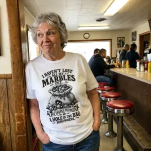Funny Lost All My Marbles T-Shirt 11 Lifestyle setting showcasing the humorous marbles themed graphic apparel.