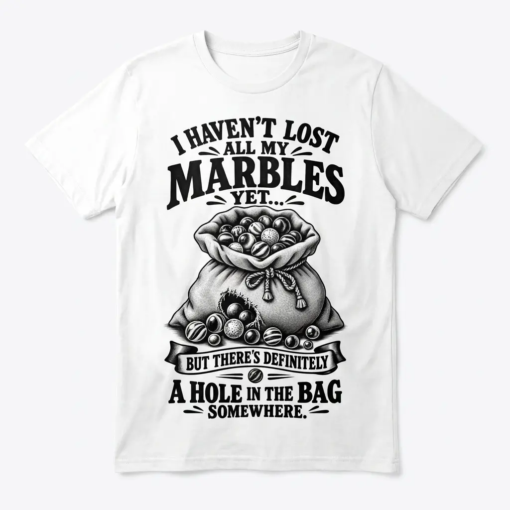 White t-shirt flat lay featuring I Haven't Lost All My Marbles Yet with a torn bag graphic.