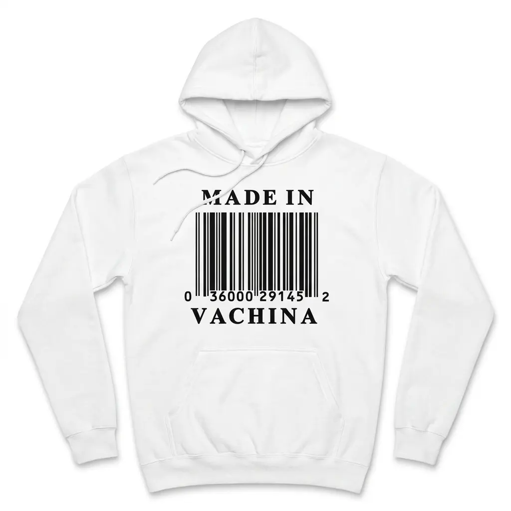 Front flat lay of a hoodie printed with the Made In Vachina barcode design.