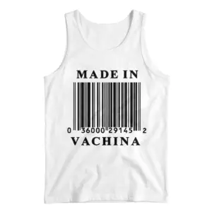 Funny Made In Vachina Barcode Graphic T-Shirt 8 Flat lay view of a sleeveless tank top featuring the Made In Vachina barcode graphic.