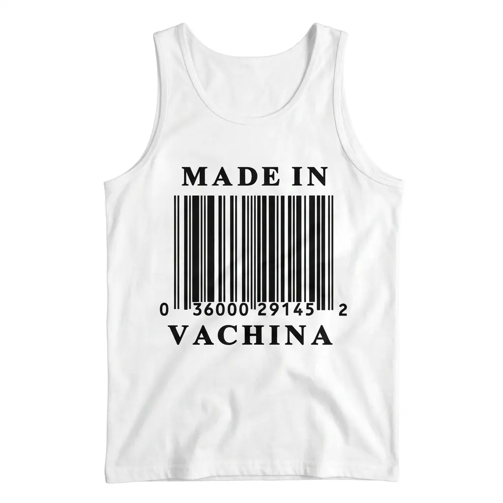 Flat lay view of a sleeveless tank top featuring the Made In Vachina barcode graphic.