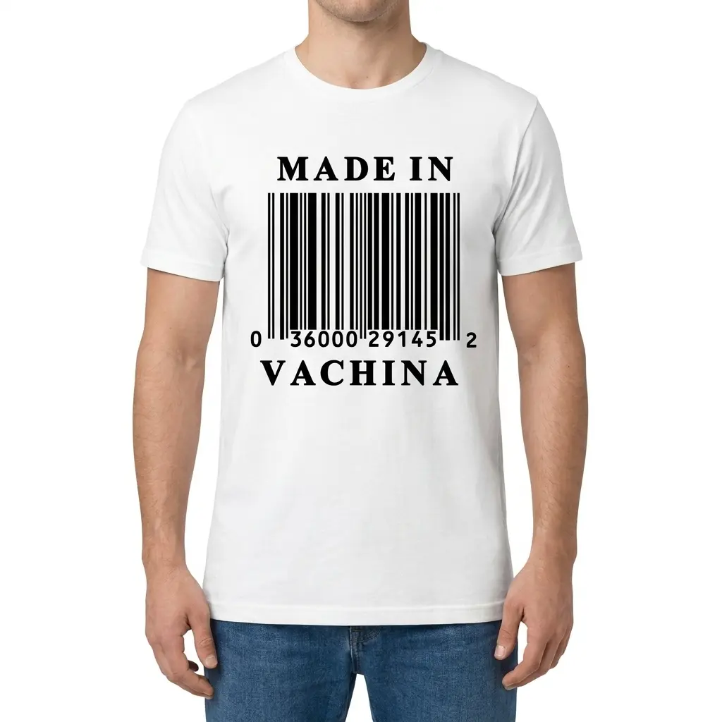 Front view of a male model wearing the Made In Vachina barcode graphic t-shirt.
