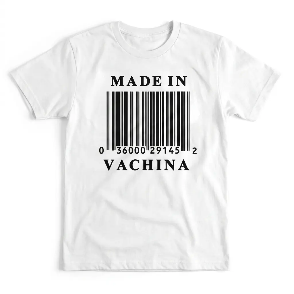 Flat lay of a white t-shirt featuring the black Made In Vachina barcode graphic across the front.