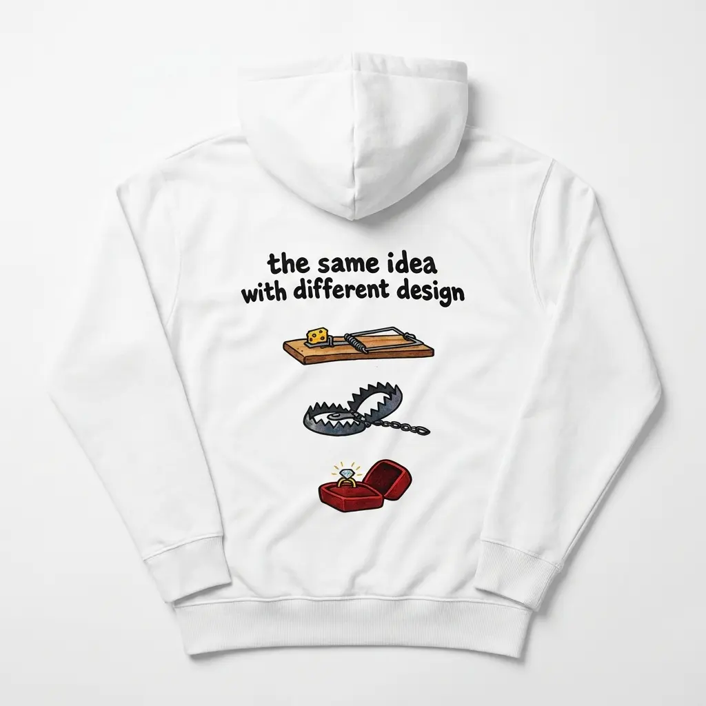 Flat lay back view of a hoodie displaying the humorous marriage trap graphic comparing animal traps to an engagement ring.