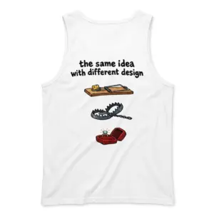Funny Marriage Is a Trap Graphic T-Shirt 8 Back flat lay of a tank top with the funny marriage trap print showing a mousetrap, bear trap, and open ring box.
