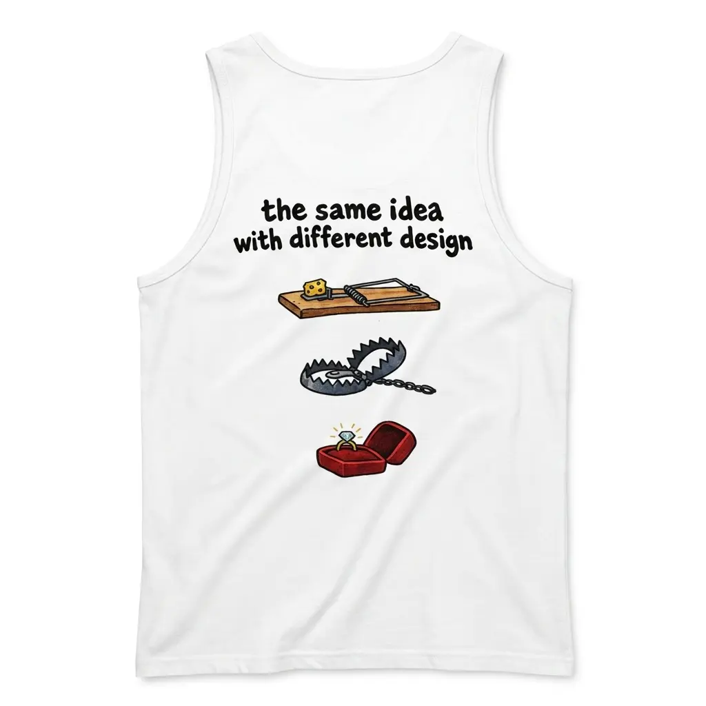 Back flat lay of a tank top with the funny marriage trap print showing a mousetrap, bear trap, and open ring box.