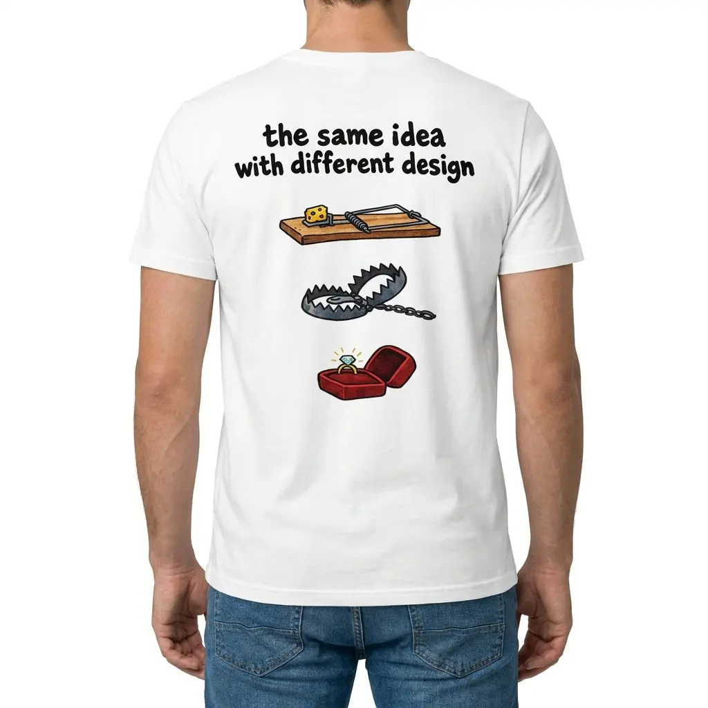 Rear view of a man wearing the funny marriage trap graphic shirt with illustrations of traps and a diamond ring.