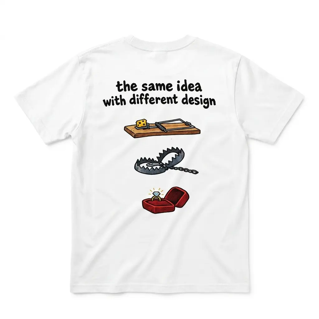 Flat lay back view of a white t-shirt featuring the funny marriage trap graphic with a mousetrap, bear trap, and diamond ring box.