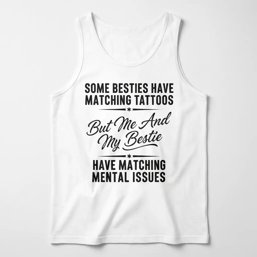 Funny Matching Mental Issues Bestie T-Shirt 3 Front flat lay view of a tank top printed with the funny matching mental issues bestie graphic design.