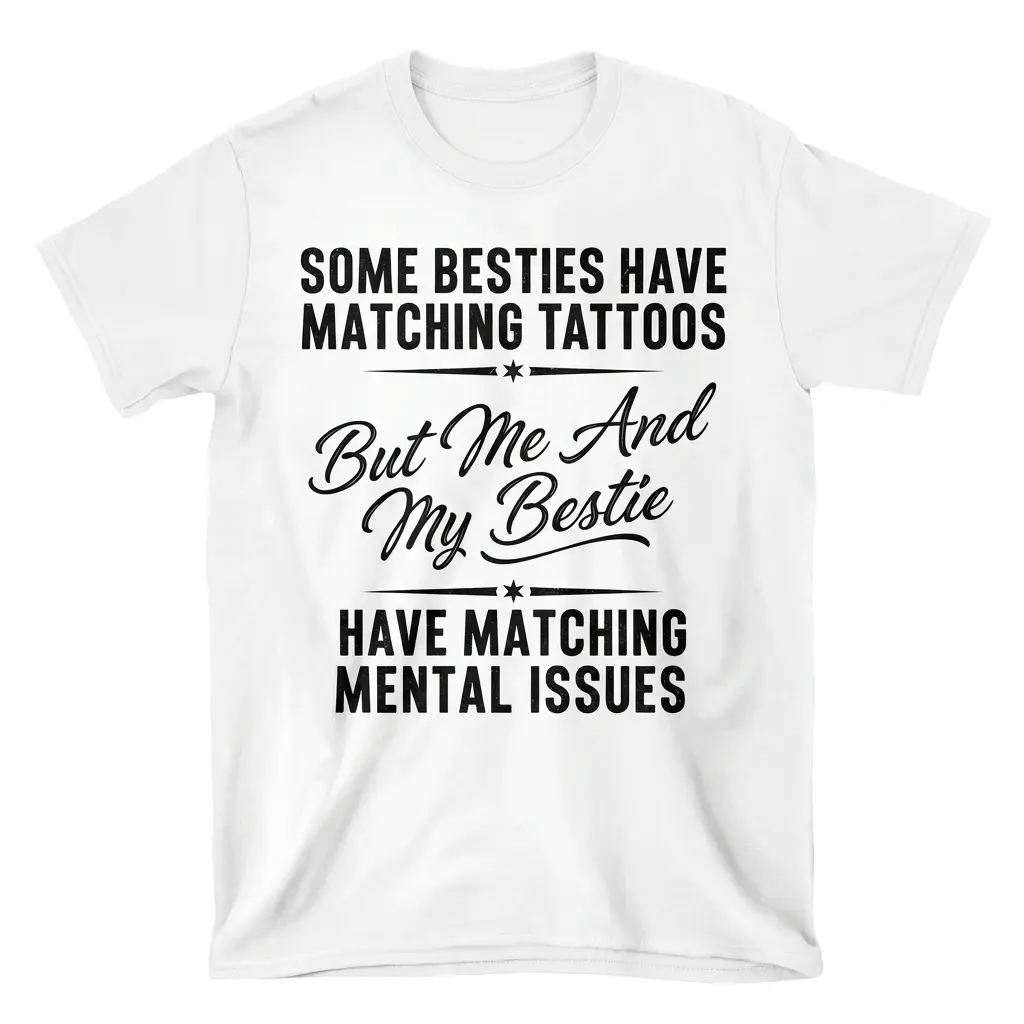 Funny Matching Mental Issues Bestie T-Shirt 1 Flat lay front view of a white t-shirt reading 'Some Besties Have Matching Tattoos But Me And My Bestie Have Matching Mental Issues' in black text.