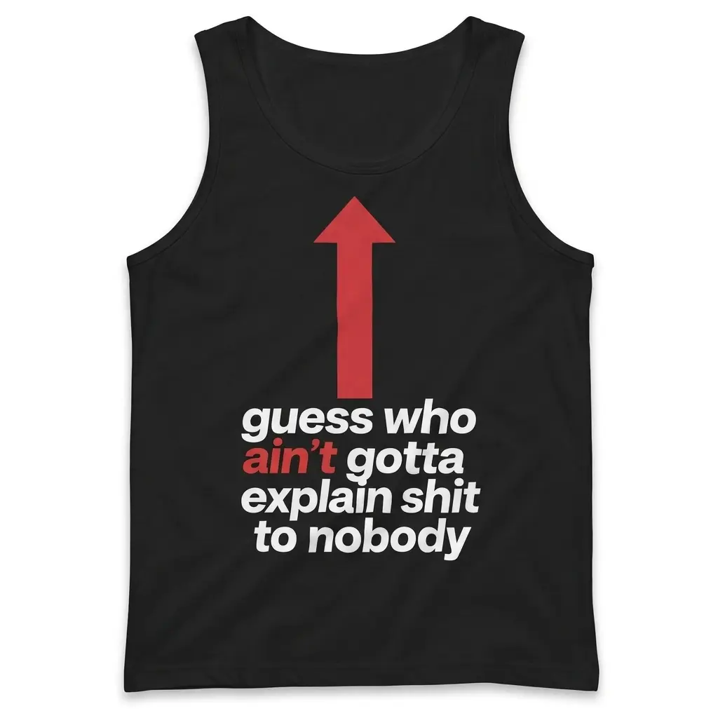 Tank top front flatlay with a red upward arrow above the bold phrase “guess who ain’t gotta explain shit to nobody.”