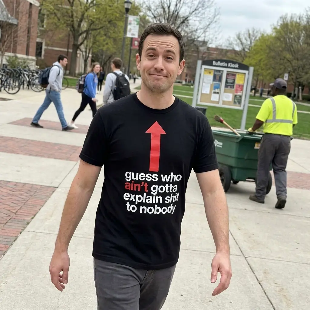 Lifestyle view highlighting the shirt’s bold “guess who ain’t gotta explain shit to nobody” print.