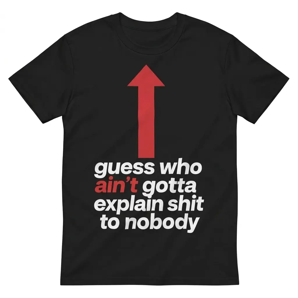 Black T-shirt front flatlay with a red upward arrow and bold text, “guess who ain’t gotta explain shit to nobody.”